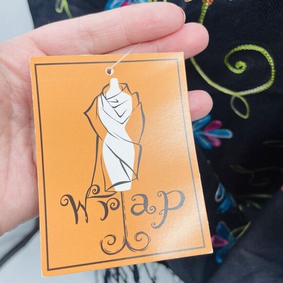 Cejon Womens Floral Embroidered Rectangle Neck Scarf with Fringe Viscose Black - Picture 5 of 6